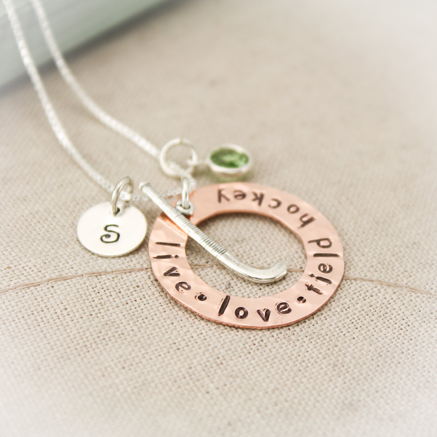 Field Hockey Charm Necklace Copper Washer and Sterling Silver
