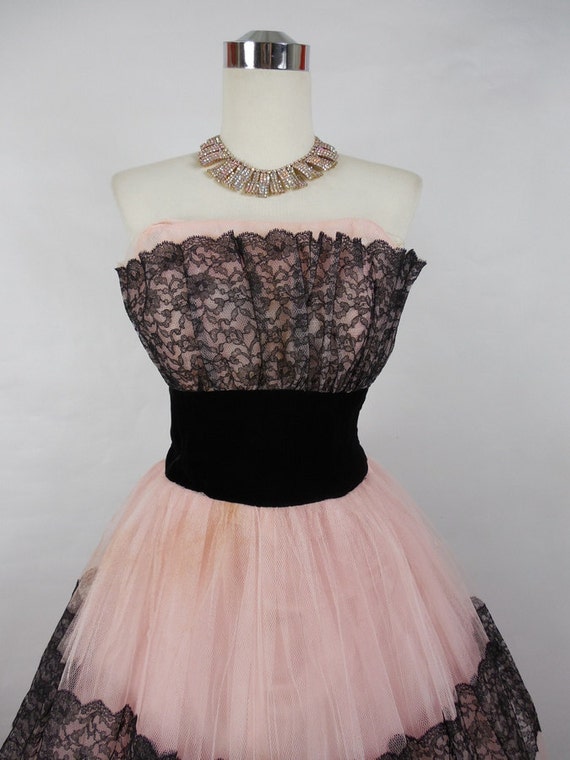 1950's Vintage Pink and Black Tulle Prom Dress with Lace