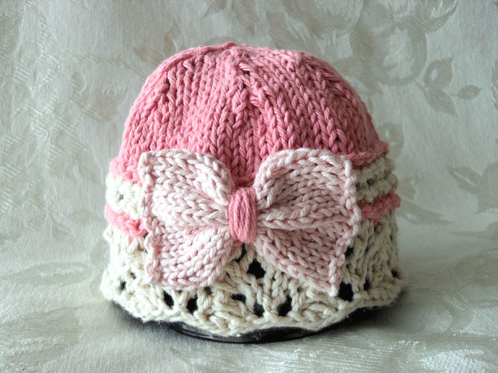 Hand Knitted Baby Hat in Pink and Ivory Lace with a Big Bow
