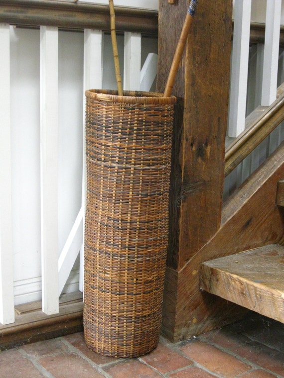 Vintage Wicker Umbrella or Cane Stand Basket Tall Woven Basket