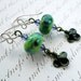 Clover lampwork and resin leaf green and purple sterling silver earrings