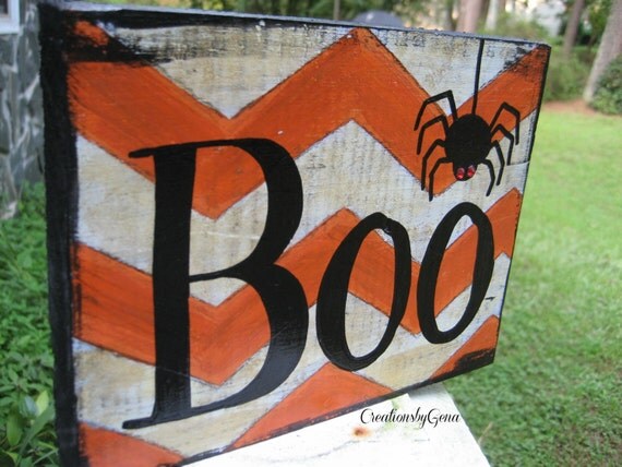 BOO Hand Painted Halloween Wood Sign Distressed orange and