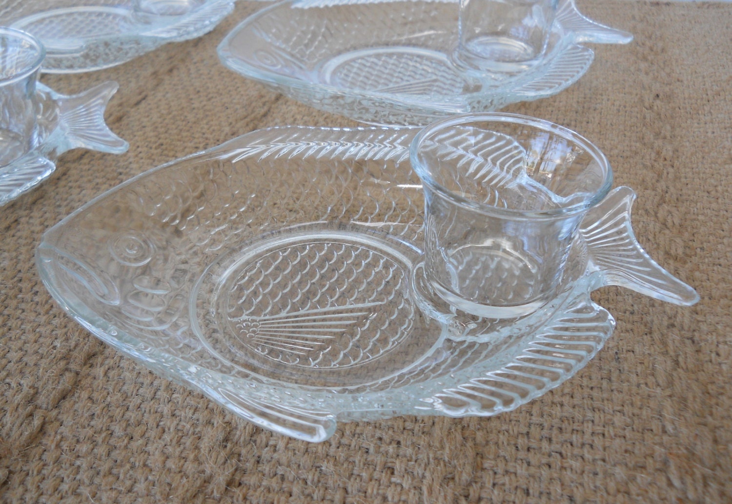 Vintage Clear Glass Fish Shaped Snack Plates Set of Four