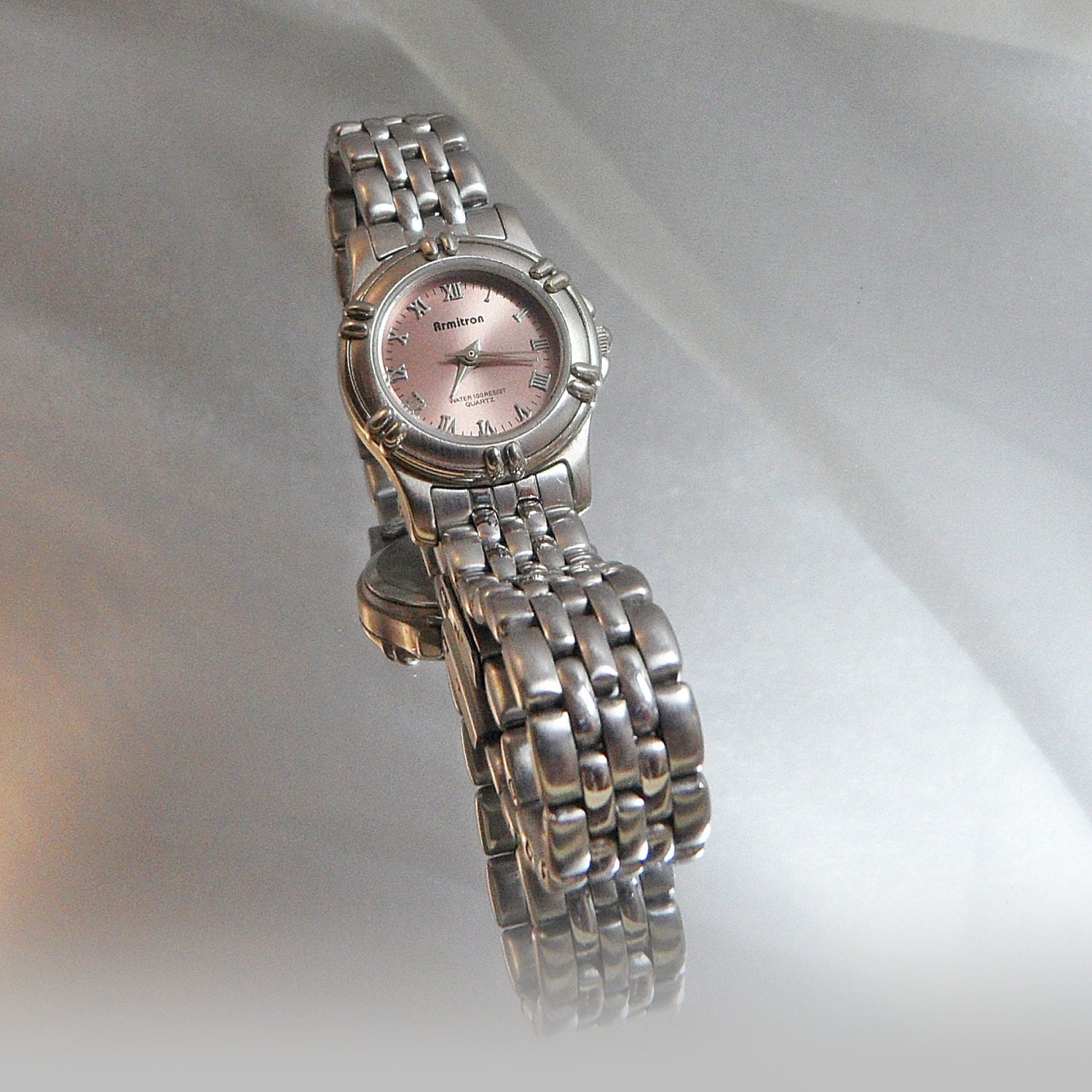 Vintage Armitron Watch. Ladies. Silver Tone. Mauve Pink Face.