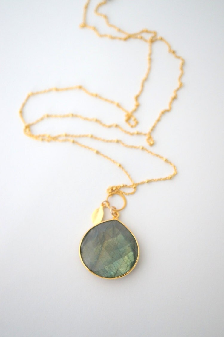 Long Labradorite Pendant Necklace Long Gold by 3MariesDesigns