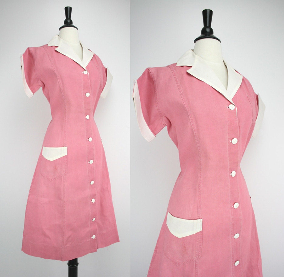 Vintage Diner Waitress 40s Dress Pink Authentic Uniform Heavy