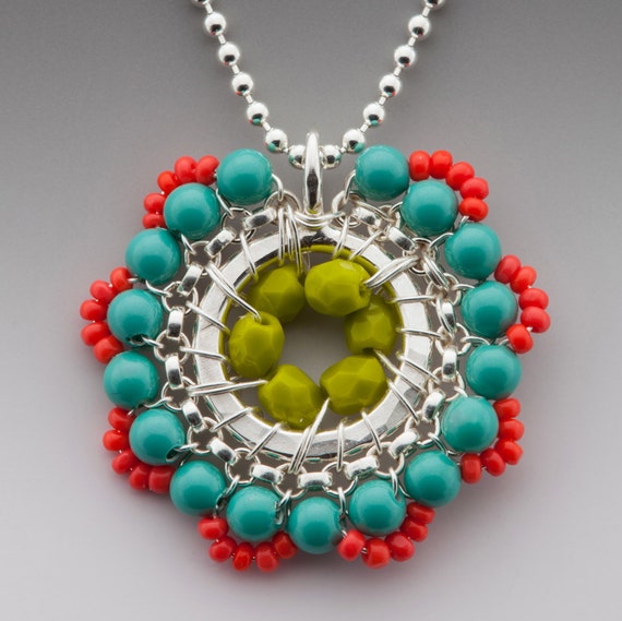 Bloom Necklace in Turquoise, Coral and Lime Green