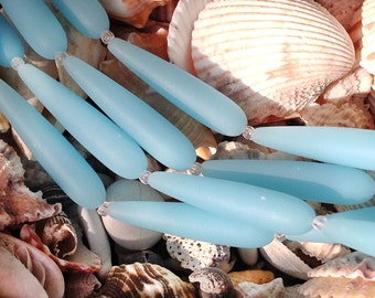 1 / 2 8" 5pcs AQUA BLUE 38mm EXTRA long opaque sea beach glass Teardrop Round drop Beads frosted recycled