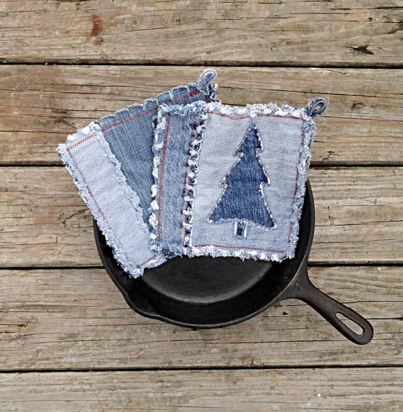 Items similar to Blue Jean Potholders Embellished Denim Potholders on