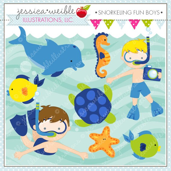 Snorkeling Fun Boys Cute Digital Clipart for Card Design, Scrapbooking, and Web Design, Summer Swimming Clipart Il_570xn