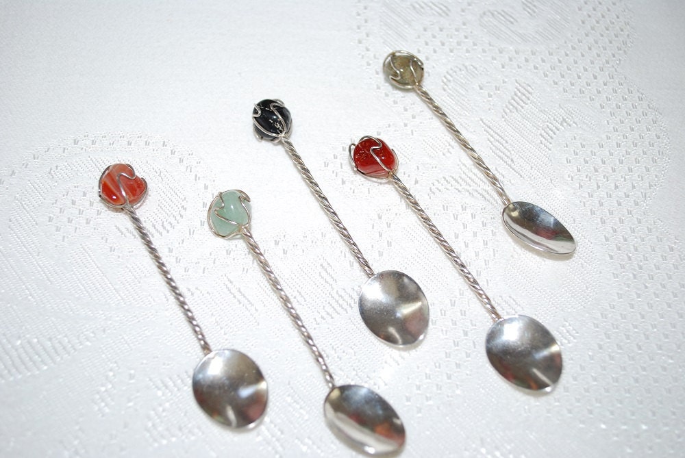 Vintage Caged Silver Spoons Semi Precious Stones Demitasse