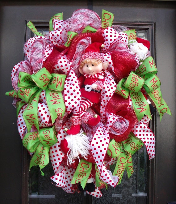 Items similar to Elf Wreath, Deco Mesh Christmas Wreath, Christmas Door ...