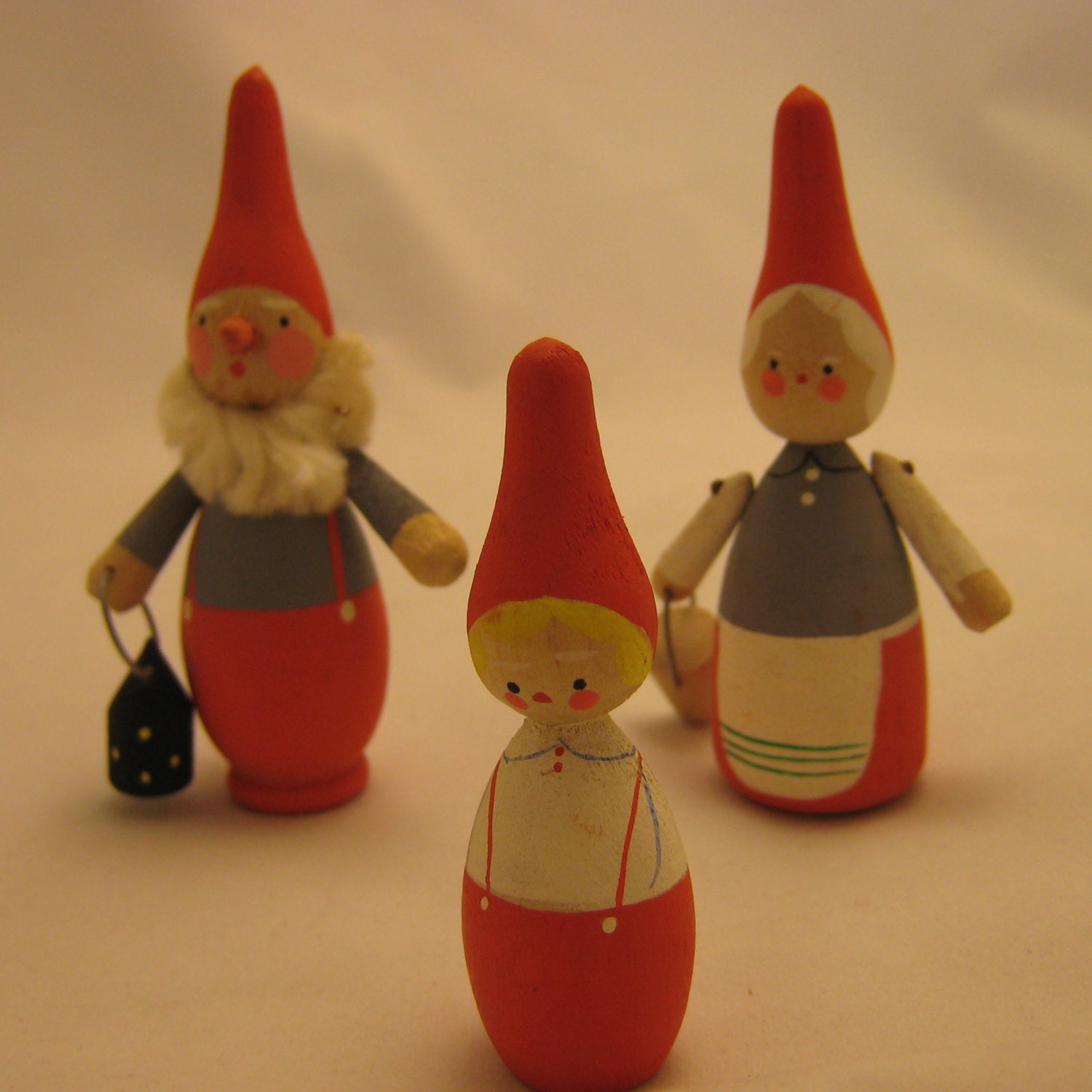 Vintage Wooden Swedish Tomte Family Set of 3 Small