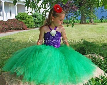 Little Mermaid Tutu Dress With Real Shell Clip and Red Daisy Hair Clip - Sizes 2T to Girls 6