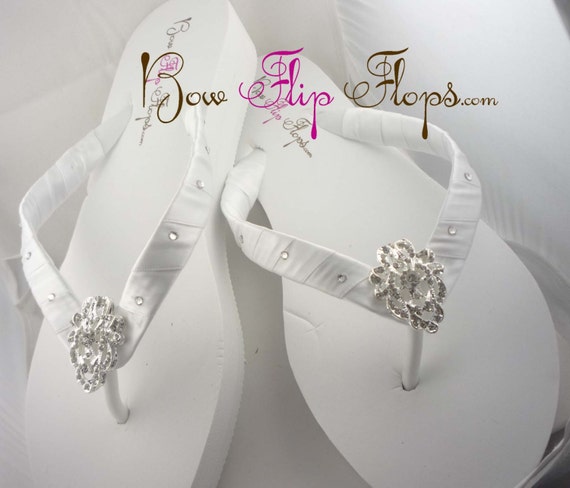 Bridal Wedge Flip Flops Ivory Lace Rhinestone Bling Satin White Jewel ...