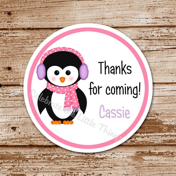 Set of 12 / Penguin Favor Tags, Stickers for Girls / Personalized (Pink & Lavender) Il_570xn