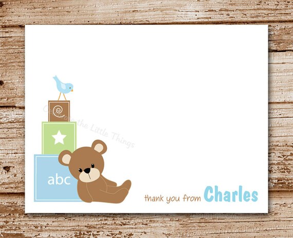 Set of 8 Baby Thank You Cards | Teddy Bear Blocks, Baby Boy | Personalized Stationery | Note Cards | Blue Il_570xn