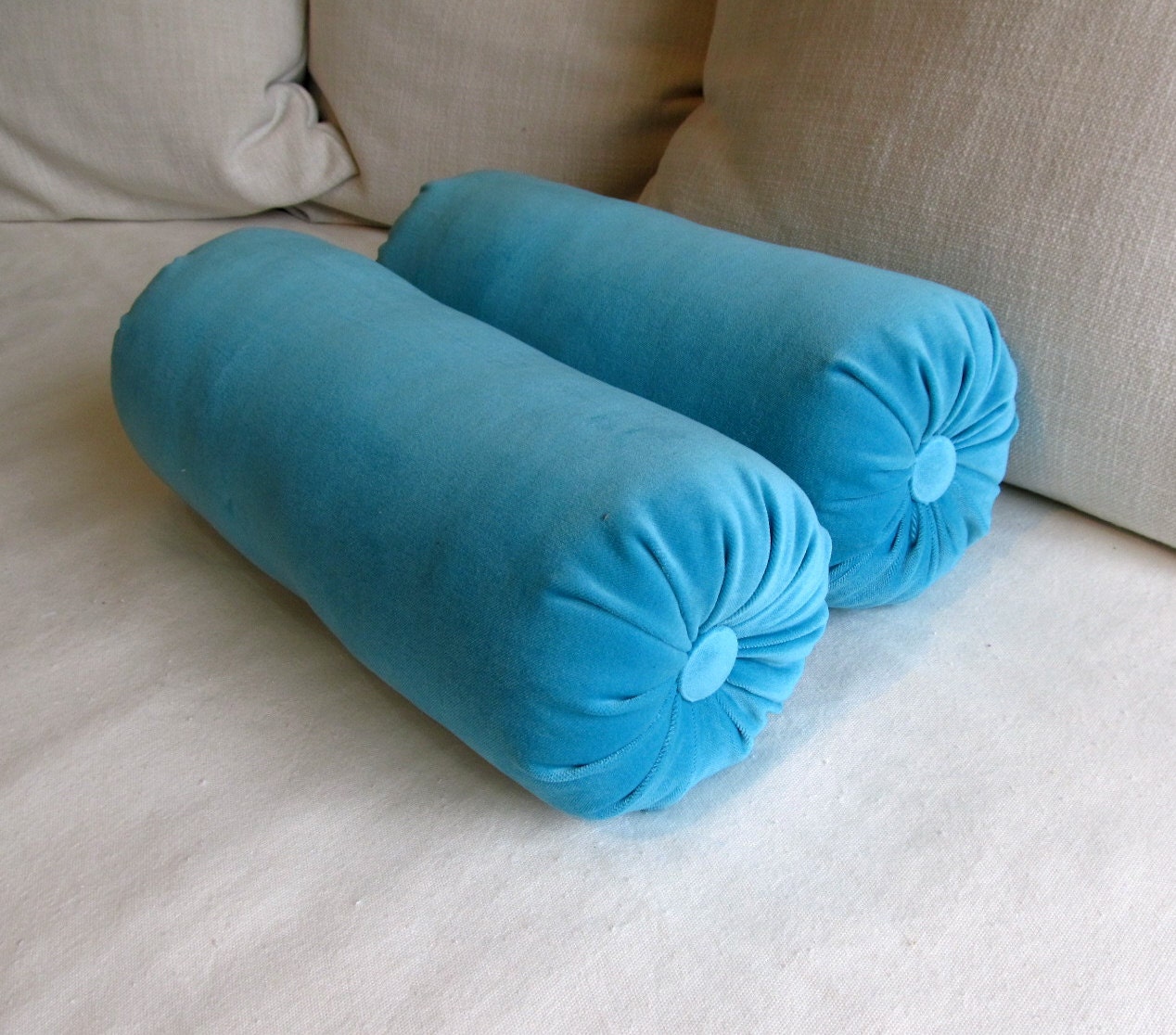 PAIR VELVET in bright blue designer lumbar bolster pillows