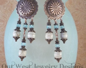 Rodeo Cowgirl Earrings - White Buffalo Turquoise Concho Dangles with Copper Earwires