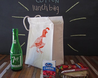 Reusable Lunch Bag - Screen Printed Recycled Cotton Lunch Bag - Eco Friendly Lunch Box - Woodland Quail - Lunch Sack - Canvas Tote Bag