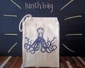 Lunch Bag - Screen Printed Recycled Cotton Lunch Bag - Reusable and Washable - Eco Friendly - Handmade - Lunch Box - Octopus - Nautical