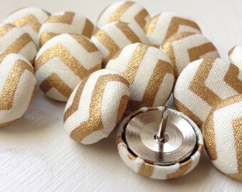 Push Pins,Pushpins,Thumb Tacks,15 Thumbtacks,Chevron,Gold and Cream Chevron,Gold Office Decor,House Warming Gift,Home Decor,Gifts Under 20