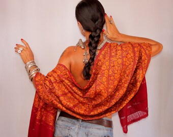 Unique Silk Pashmina Shawl, Wedding Shawl, Pure Silk Hand Embroidery, Deep Red Wool Pashmina, Wool Woven Shawl, Pashmina Scarf, Gift For Her