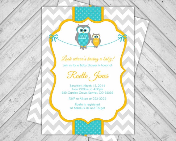 Neutral Baby Shower Invitation with Owls, Chevron invite, yellow, turquoise and gray, Printable or Printed (981) Il_570xn