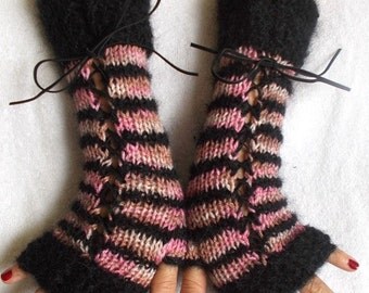 Fingerless Corset Gloves Arm Warmers in Black Pink Light Brown Tones