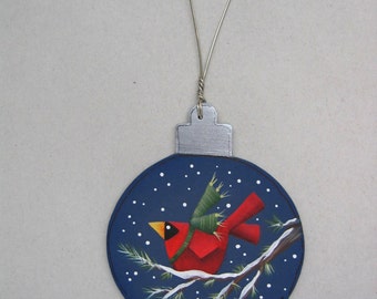 Christmas Ornament with Red Cardinal on Pine Branch, Tole Painted