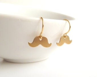 Gold Mustache Earrings - extra small brass handlebar moustache dangle - a simple little gold ear hook - minimal tiny facial hair gag gift