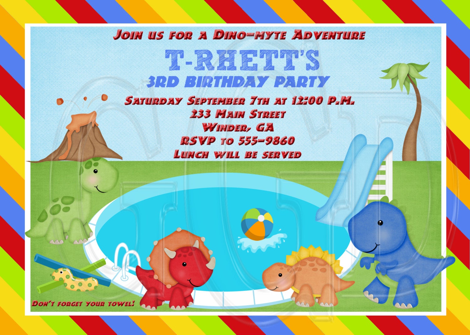 Dinosaur Pool Party Birthday Invitation Digital File