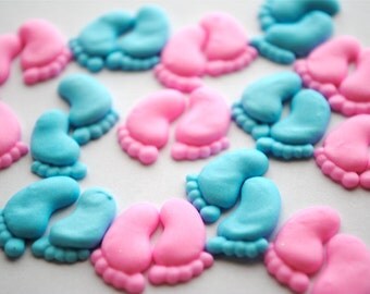 Royal Icing Cake Decorations- Baby Footprints- Edible Dessert Toppers- Baby Pink or Baby Blue (12 pair)
