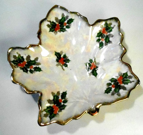 Vintage Christmas Holly dish opalescent candy dish shaped