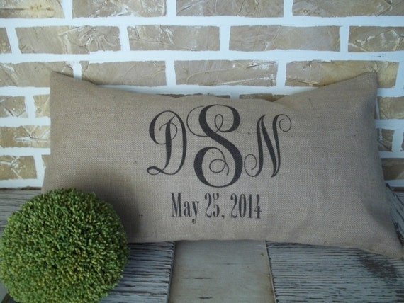 Burlap Monogrammed Wedding  Anniversary - with Established Date - Pillow - Insert Included