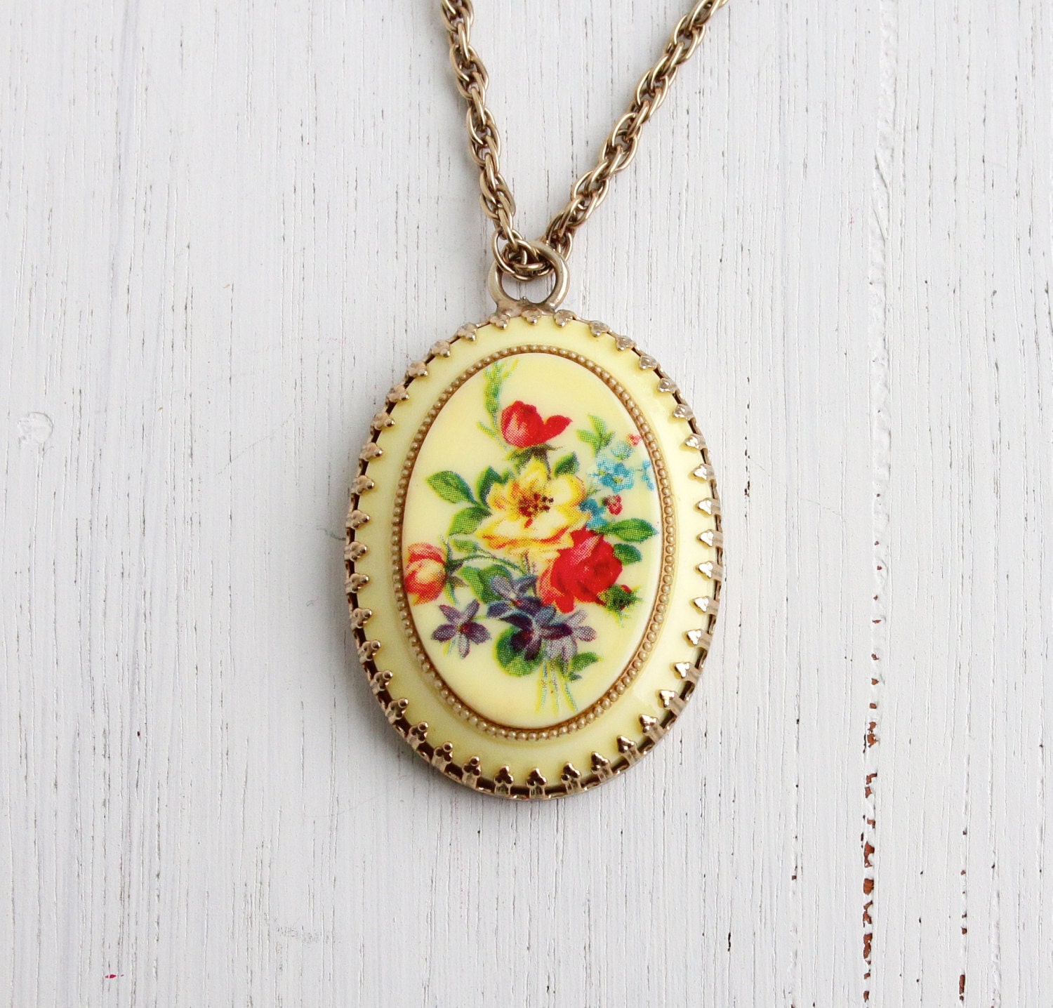 Vintage Floral Pendant Necklace 1960s 1970s Gold Tone Floral