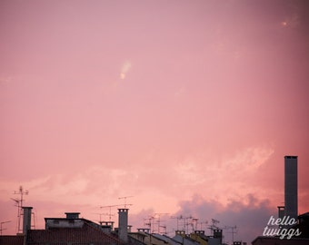 Landscape Photograph, Pink Sky, Cit y Rooftops, Pink Sunset, Chimney 