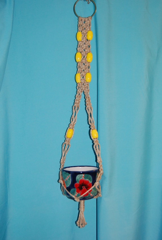 Short Hemp Macrame Plant Hanger with Vintage Yellow Beads 32