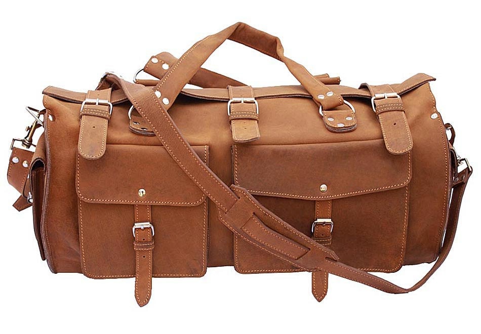 Made in USA Leather Duffel Carry On Bag Cognac Tan