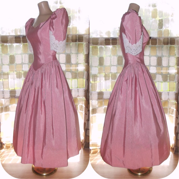 Vintage 80s Rose Pink Moire Taffeta Neo-Victorian Formal Dress