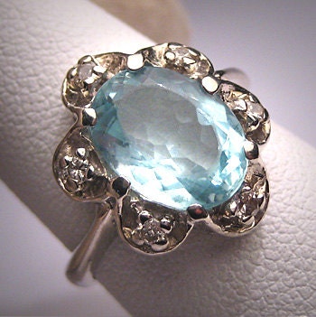 Antique Aquamarine Diamond Ring Art Deco Wedding W.Gold