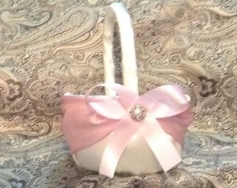 flower girl basket wedding white or ivory and light pink custom made