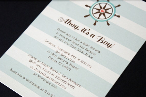 Ahoy it's a Boy nautical ship wheel and stripes baby shower invitation - Digital version available Il_570xn