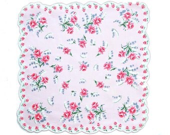 VINTAGE HANKIE, Pink Roses, Lily of the Valley on Light Pink, Printed, Double Scalloped Edge Rose Border, Sweet Feminine Excellent Condition