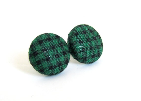 Green black gingham stud earrings  emerald fabric by KooKooCraft