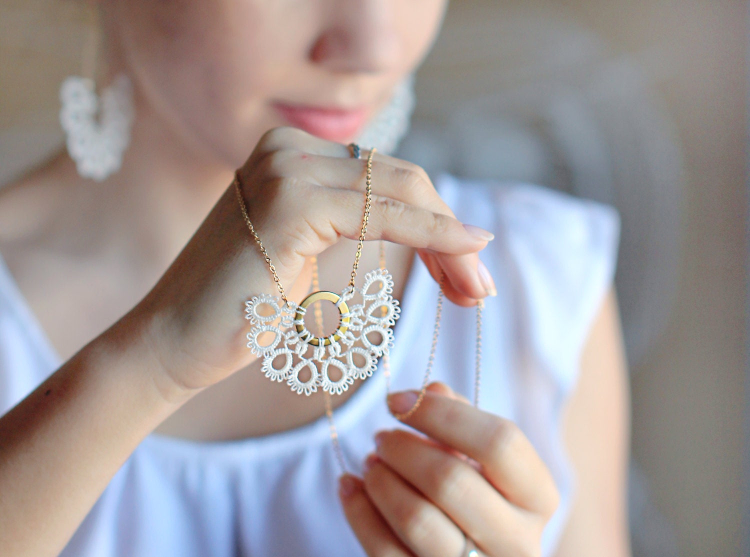 tatted necklace with golden ring delicate white flower by smaks