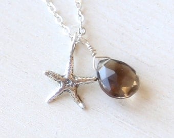 Sterling Silver Starfish and Smokey Topaz Necklace - simple everyday delicate jewelry