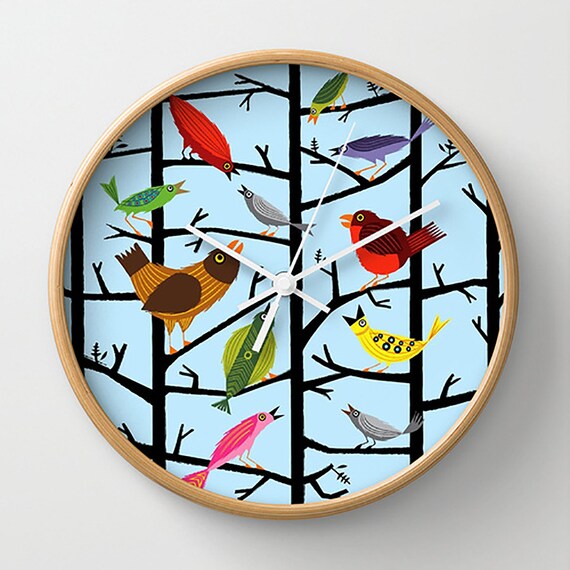 For All The Birds - light blue illustrated wall clock - by Oliver Lake