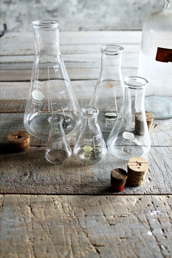 5 Vintage Erlenmeyer Flask Labware Glass Vases / Candle