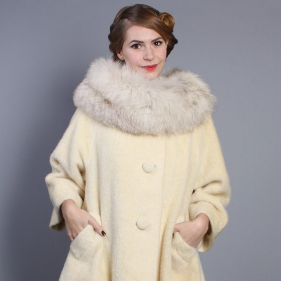 60s Lilli Ann MOHAIR COAT / FOX Fur Collar & Ivory Wool osfm